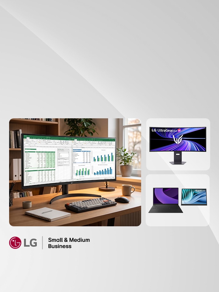 Sleek home office desk setup featuring a curved LG UltraWide professional monitor displaying spreadsheets and financial data charts.